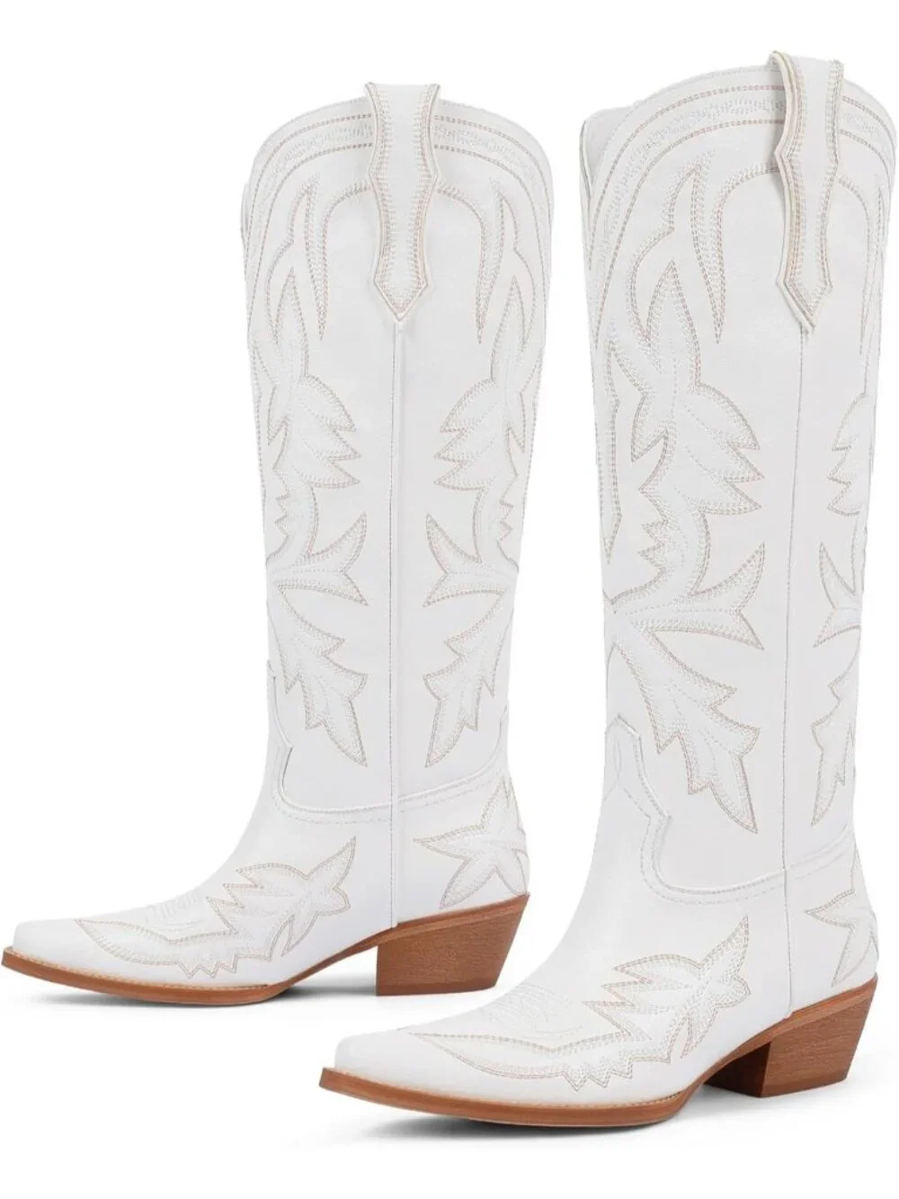 Women's White Knee High Boots Embroidered Pull on Pointed Toe Chunky Heel